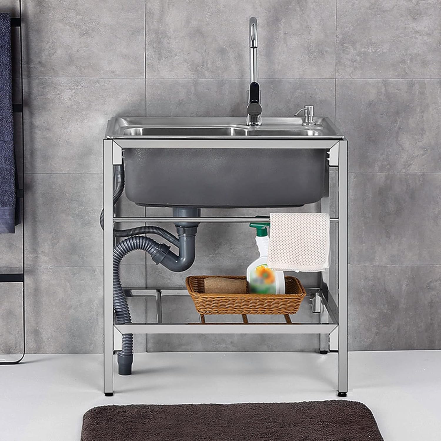 Fregadero independiente de acero inoxidable, fregadero de cocina comercial, 1 compartimento con grifo, lavabo de lavado a mano para lavandería,