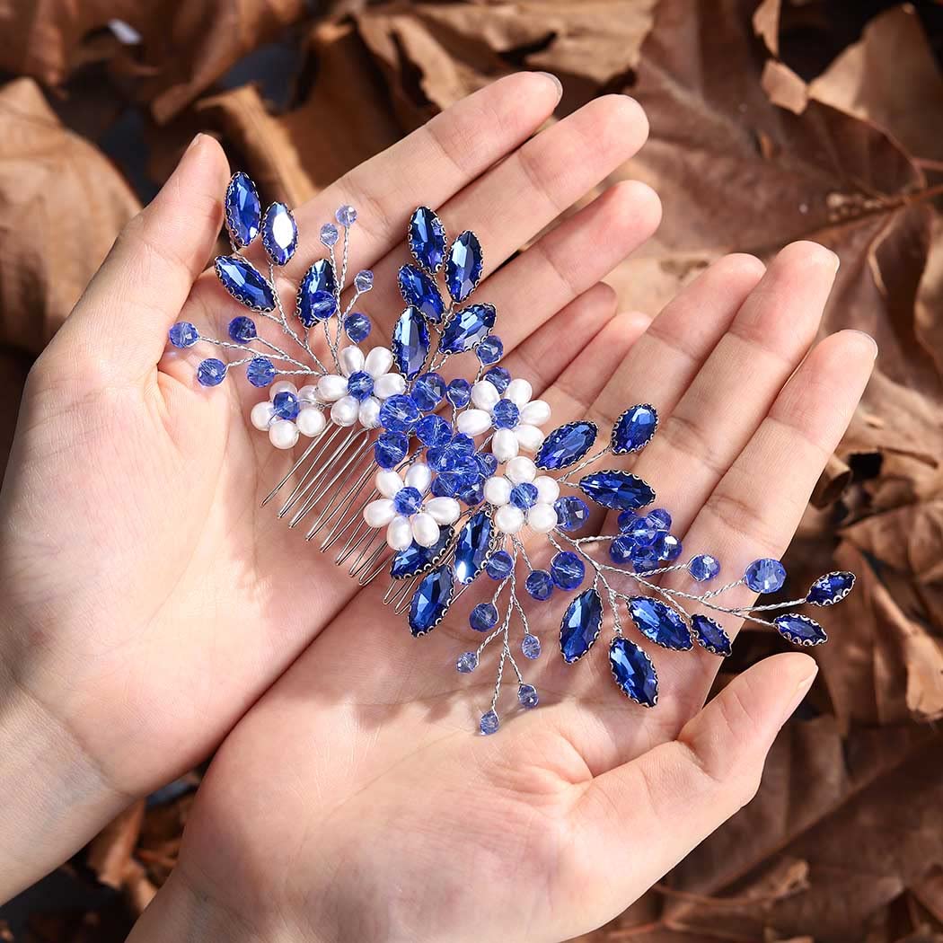 JONKY Peine para el pelo de cristal nupcial con diamantes de imitación, pieza de pelo floral con perlas laterales, accesorios para el cabello de