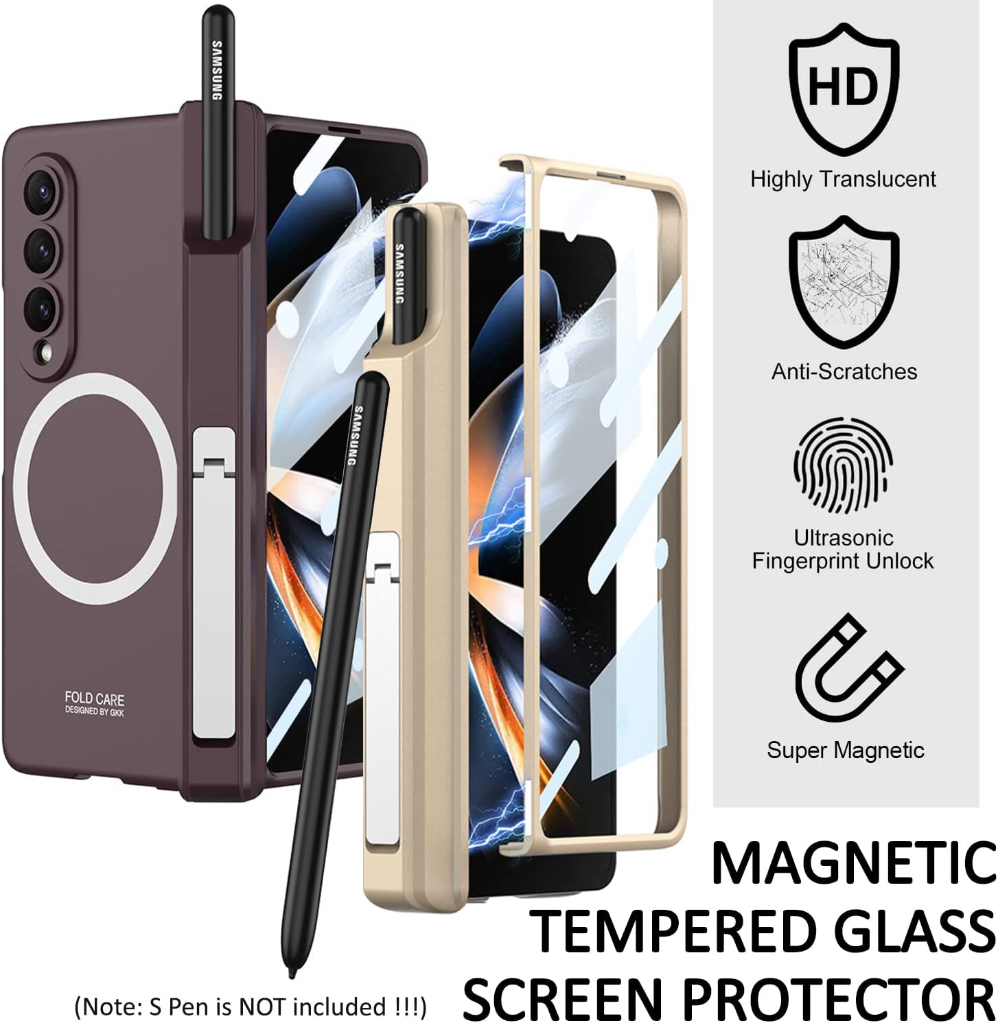 Miimall – Funda para Samsung Galaxy Z Fold 4 con soporte para bolígrafo, protector de pantalla integrado, soporte y funda de protección de bisagra