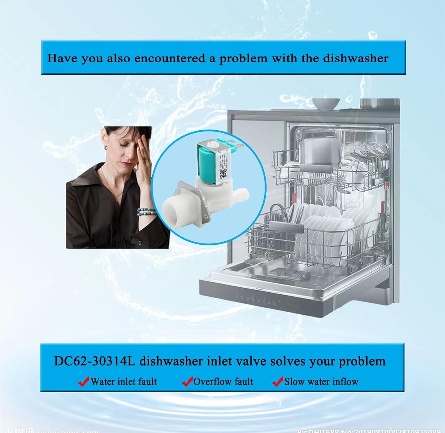 DC62-30314L Válvula de entrada de agua para lavavajillas compatible con válvula de agua para lavavajillas Samsung, piezas DC62-30314L reemplaza