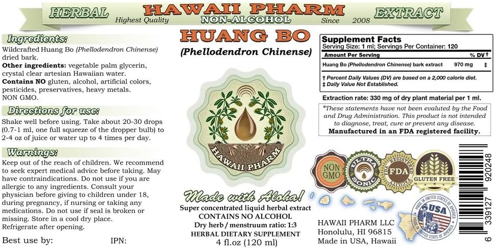 HawaiiPharm Huang Bo Extracto líquido sin alcohol, Huang Bo, Huang Bai, árbol de corcho de amur (phellodendron chinense) suplemento herbario de