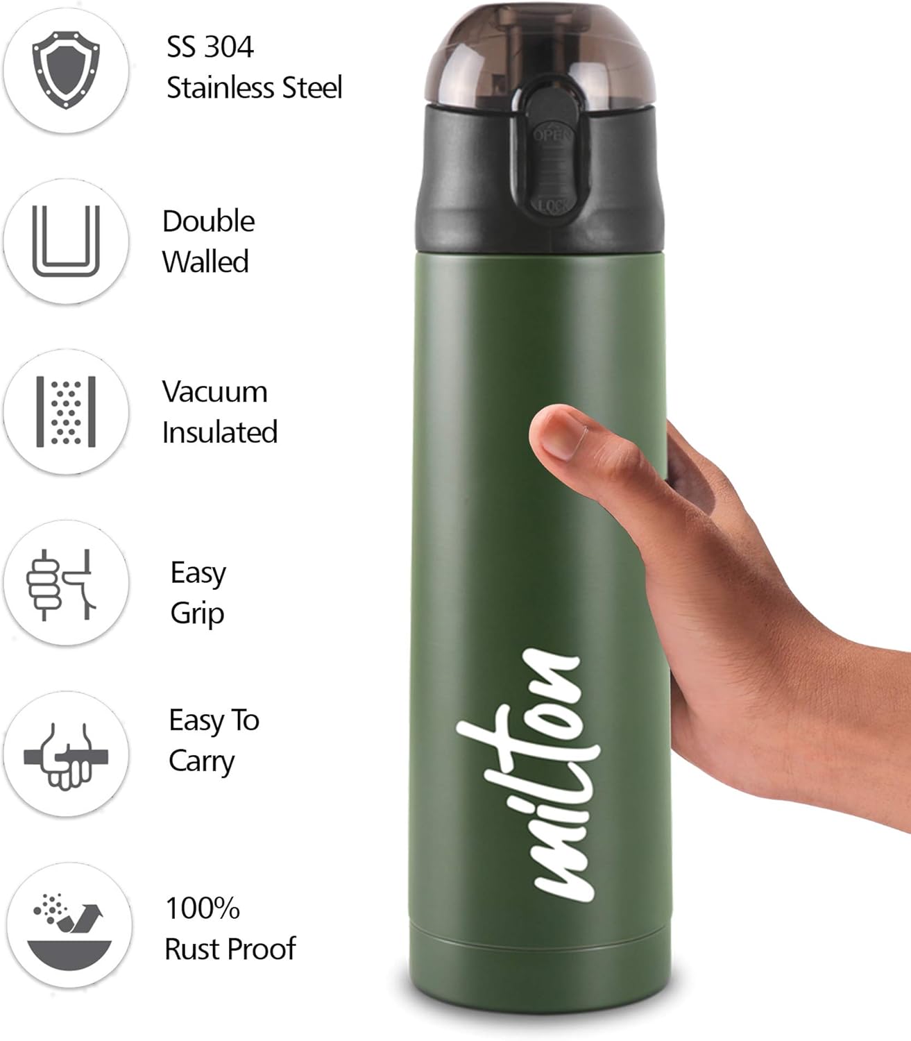 Milton New Crown 400 Thermosteel Botella de agua fría y caliente las 24 horas, 11.8 fl oz, verde  Fácil de transportar  Botella de oficina