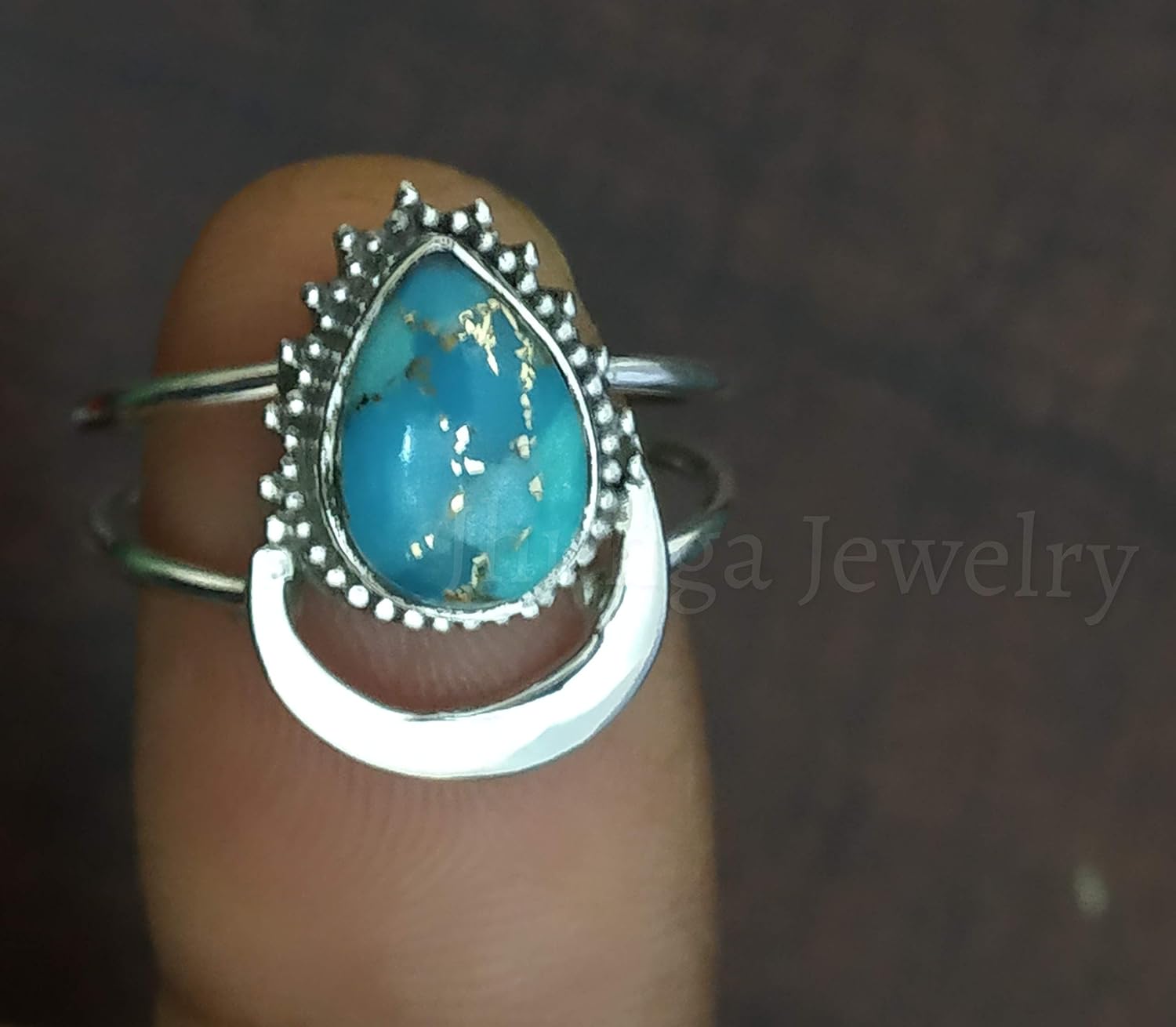 Blue Copper Turquoise ring, 925 sterling silver, Half Moon Shape Ring, Two band Ring, Boho Chic, Promise Wedding Jewelry, Classy Ring, Celestial