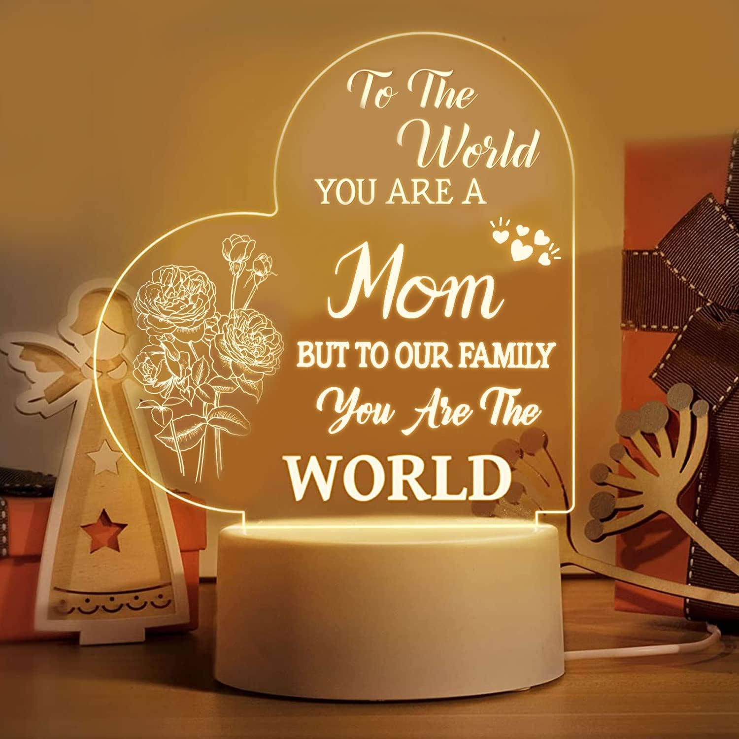 Regalos para mamá de hija hijo, regalos de cumpleaños para madres, 3 modos de luz, luz nocturna, alimentación USB, luz de corazón transparente,