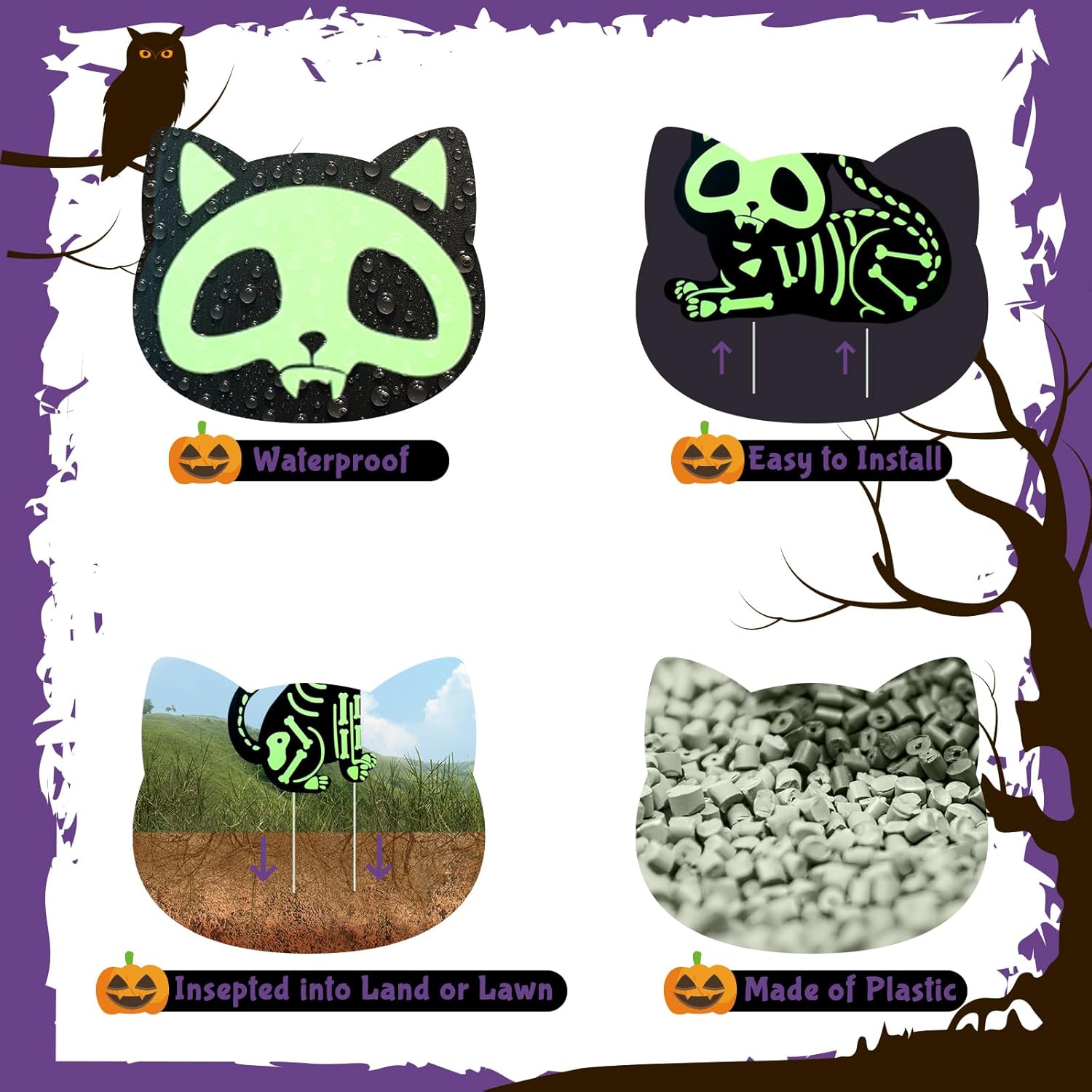 Decoraciones de Halloween para patio, letreros de gato al aire libre que brilla en la oscuridad, esqueleto de gato con estacas para espeluznante