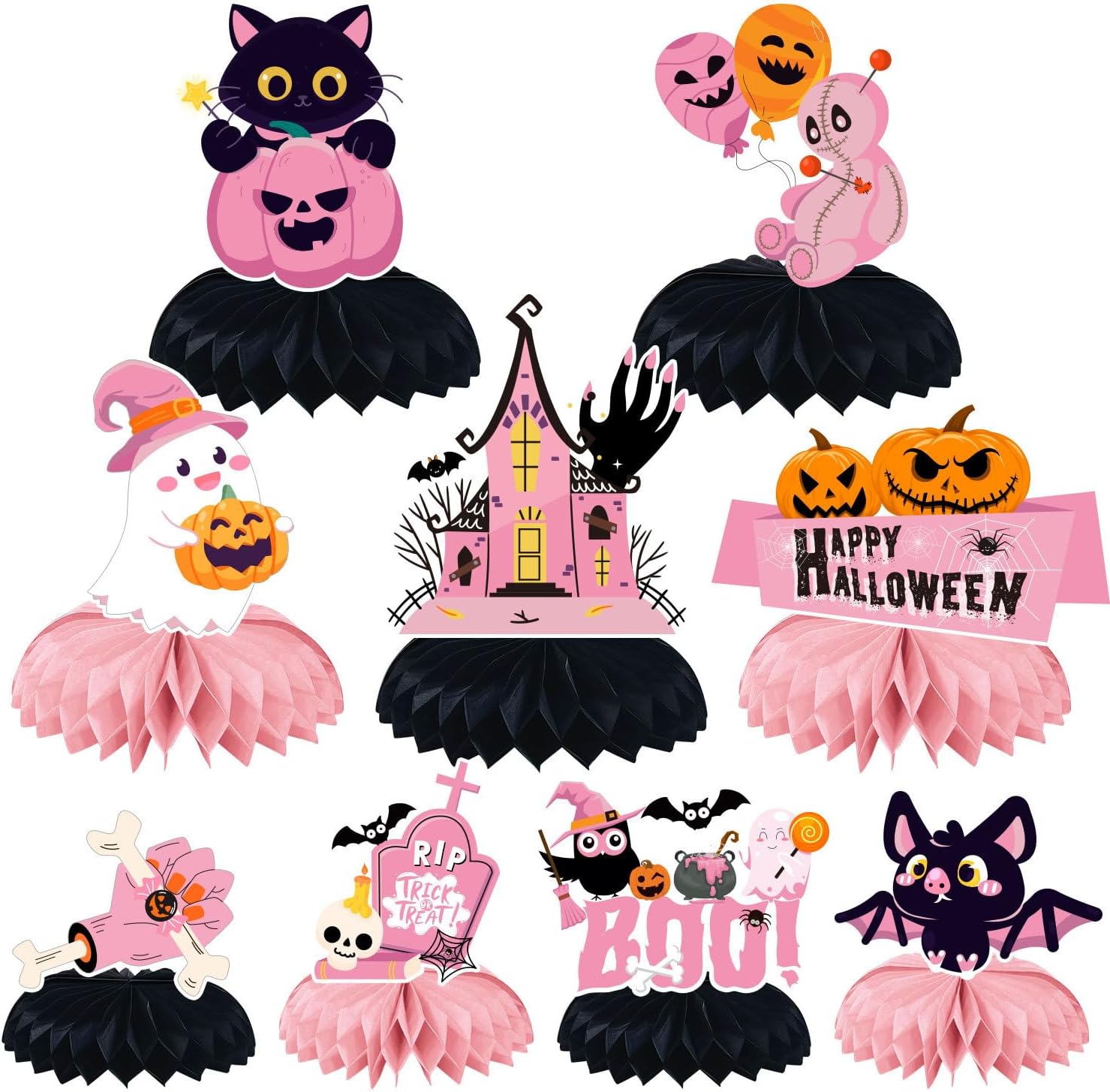 Centros de mesa de panal de abeja de Halloween rosa y negro  9 piezas 3D de decoración de mesa de panal de abeja de Halloween, lindo fantasma gato