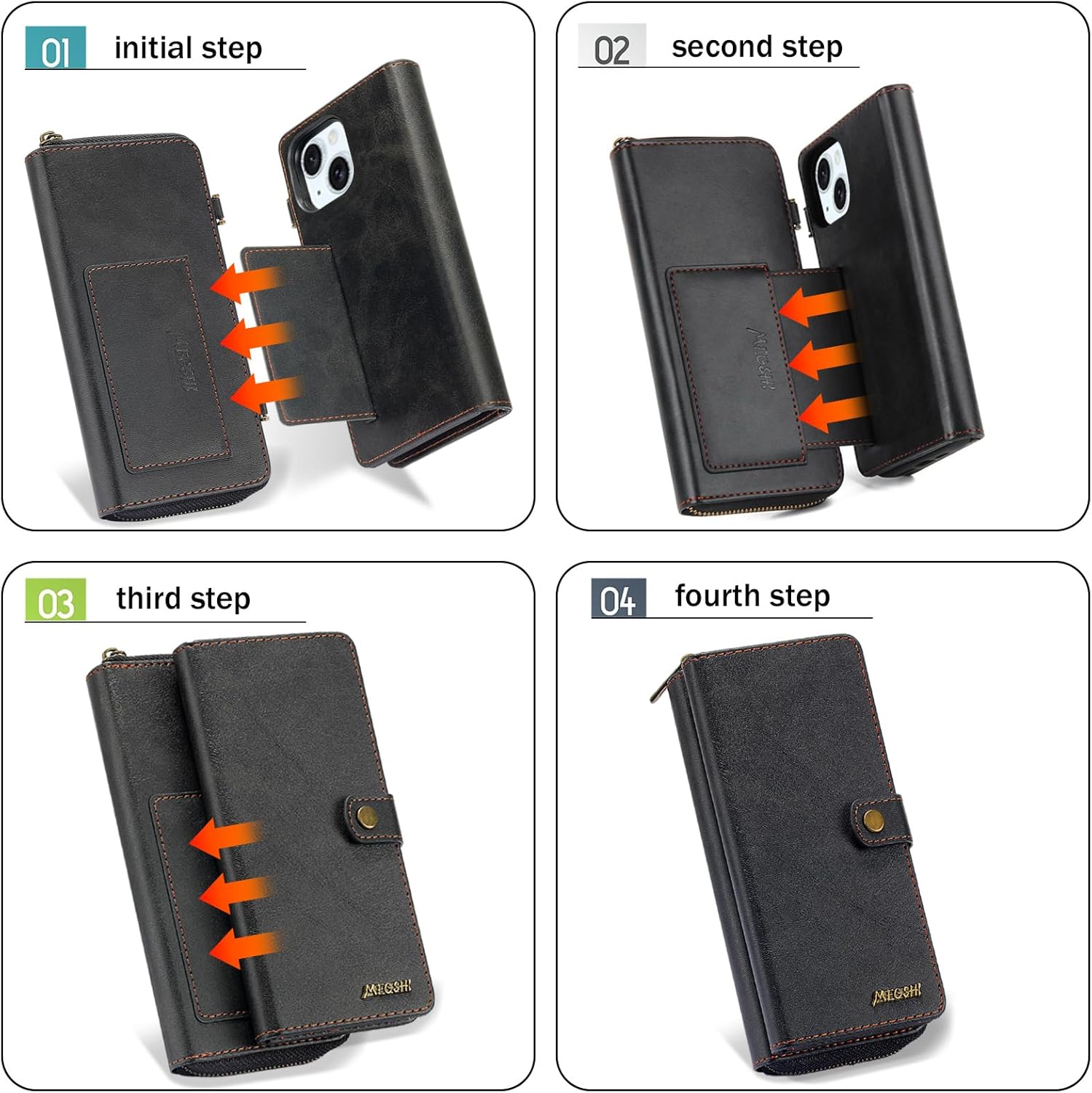 QIXIU Funda tipo cartera para iPhone 15 Plus, multifunción, desmontable, 3 en 1, funda magnética para teléfono, con correa abatible, cremallera y