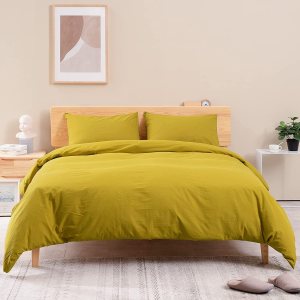 ATsense – Juego de funda de edredón tamaño King, 100% algodón lavado, de 3 piezas, ultra suave y de fácil cuidado, de estilo rural simple (amarillo, ATsense – Juego de funda de edredón tamaño King, 100% algodón lavado, de 3 piezas, ultra suave y de fácil cuidado, de estilo rural simple (amarillo,