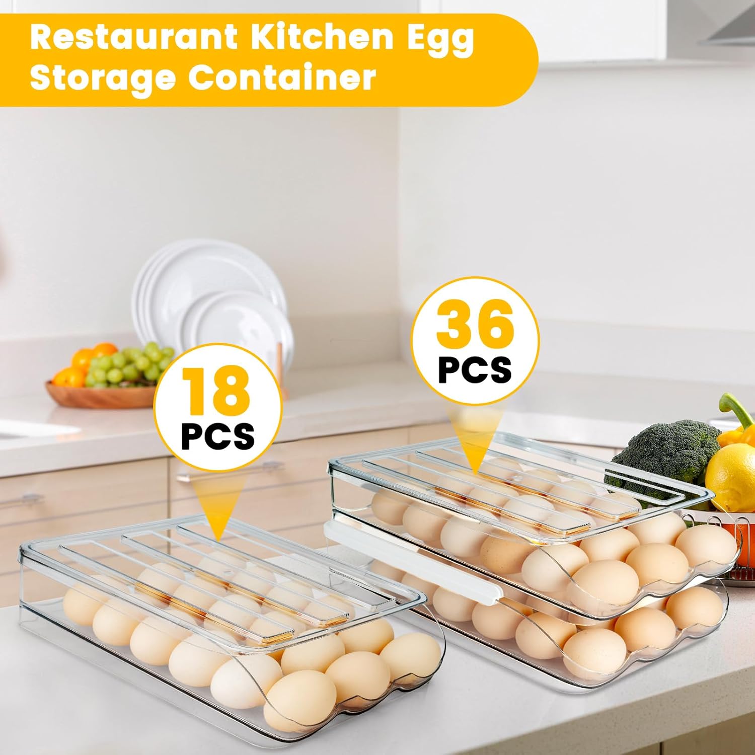 Soporte para huevos para refrigerador, contenedor de huevos rodante de gran capacidad para con tapa desmontable, cubos organizadores apilables para