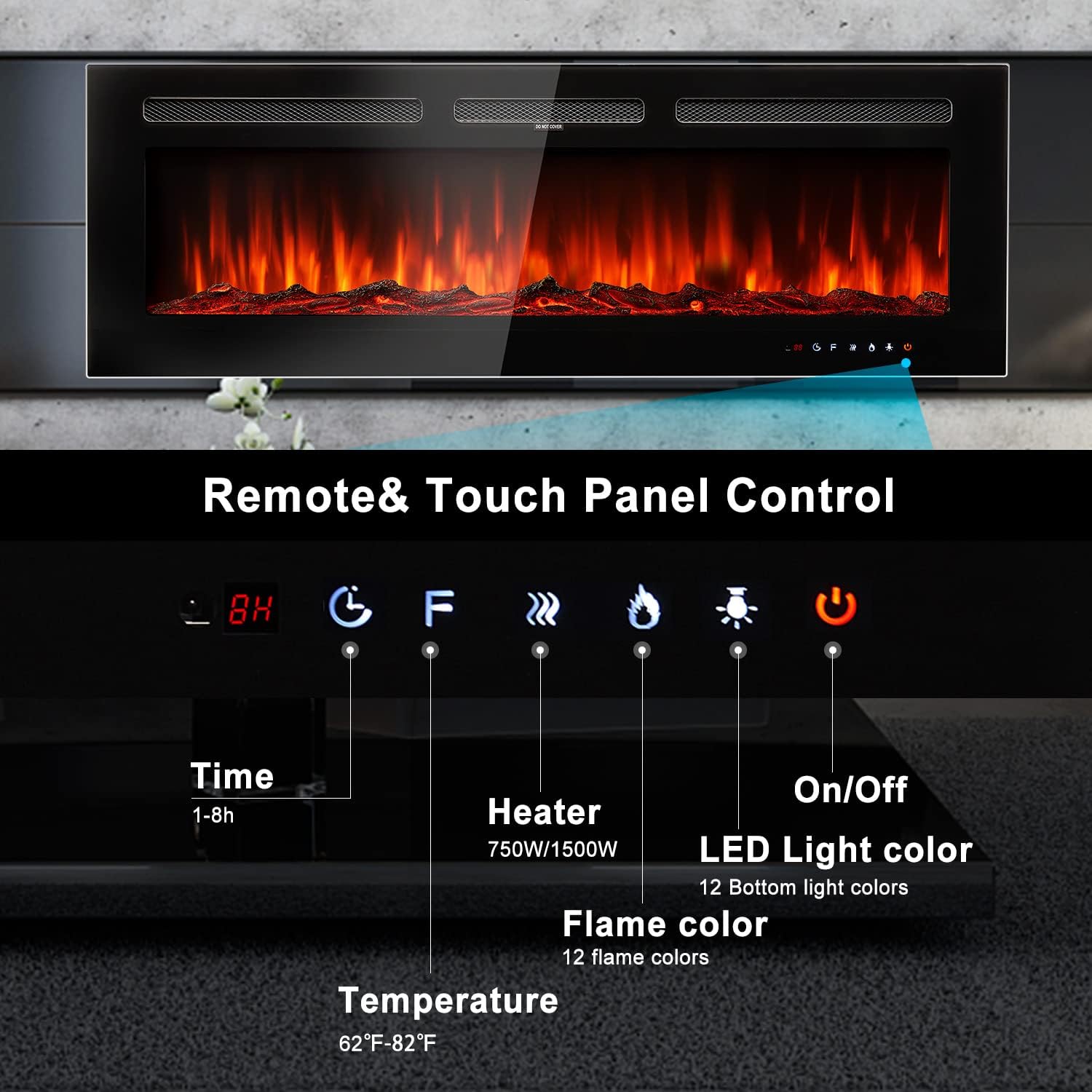Chimenea eléctrica de 50 pulgadas montada en la pared y empotrada con control remoto y control de panel táctil, temporizador, 12 niveles ajustables