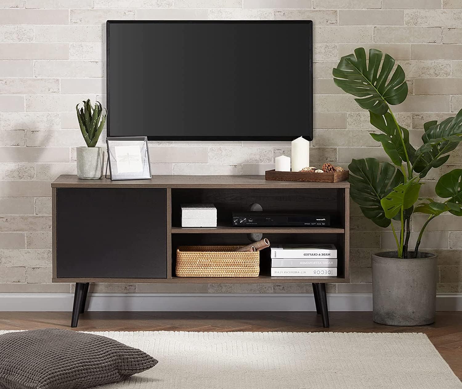 WAMPAT Soporte de TV moderno de mediados de siglo para pantalla plana de 55 pulgadas, gabinete de TV de madera con almacenamiento, centro de