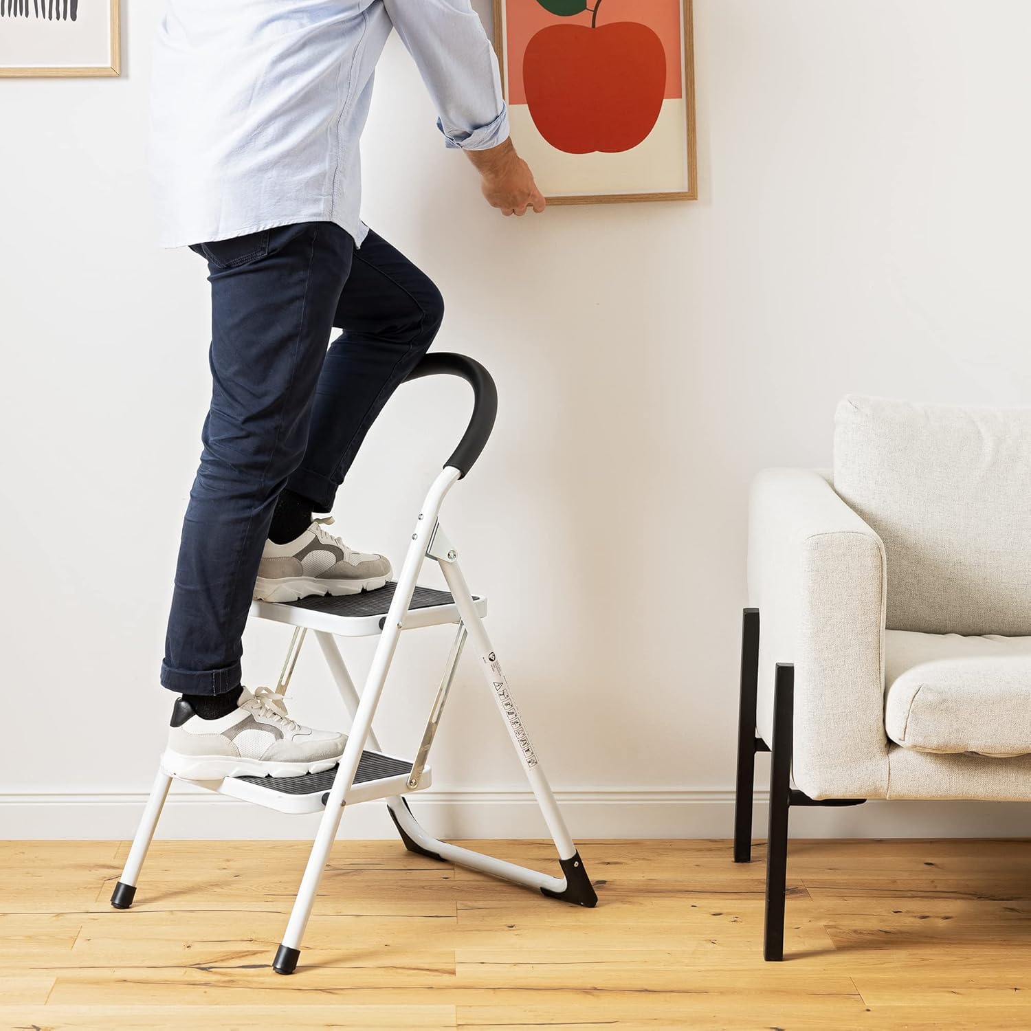 Navaris Escalera de acero de 2 escalones  Pequeña escalera plegable plegable plegable para el hogar para cocina con alfombrillas antideslizantes