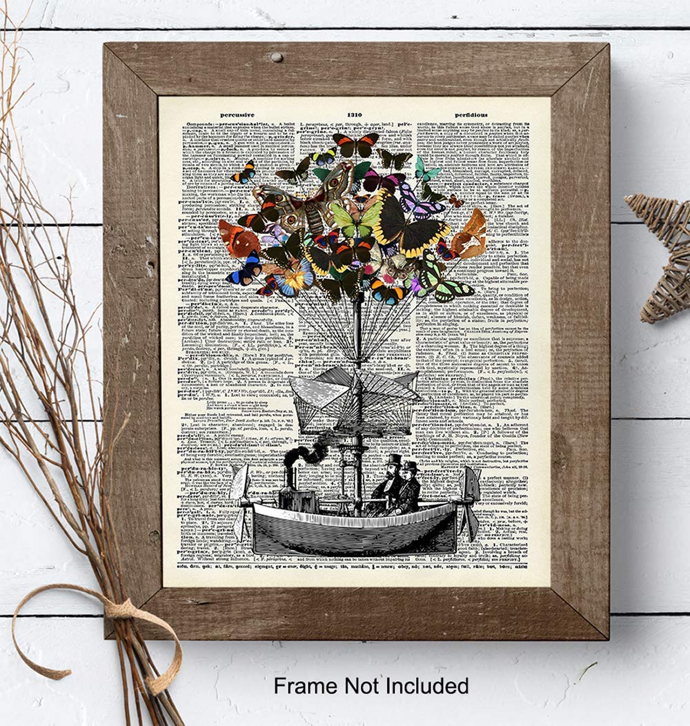 Steampunk Decor – Dirigible Poster – 8×10 Victorian Steampunk Wall Art – Butterflies Blimp Airship Room Decorations – Dictionary Page Photo –
