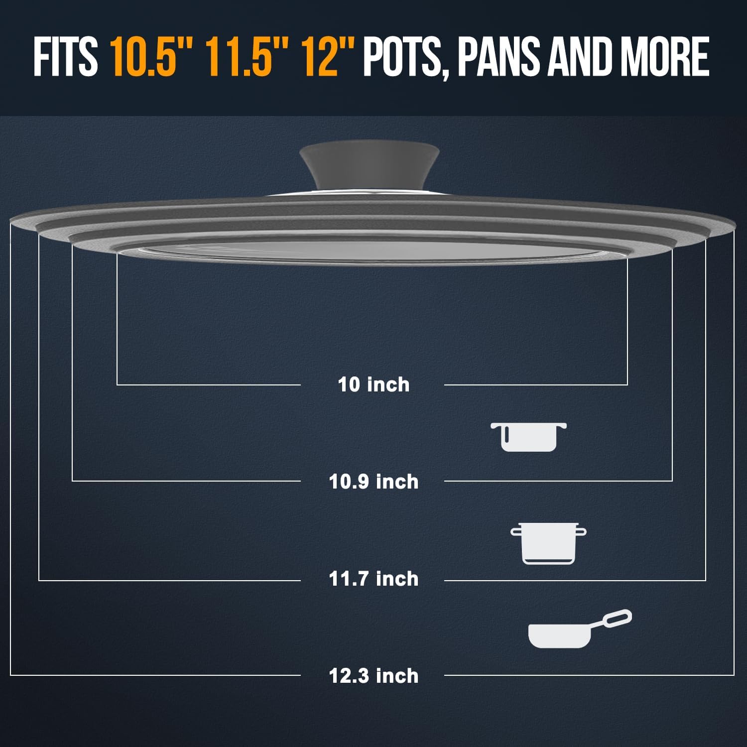 Walfos Tapa universal para utensilios de cocina de 10.5, 11.5 y 12 pulgadas de diámetro, se adapta a ollas, sartenes y sartenes. Tapa de sartén de