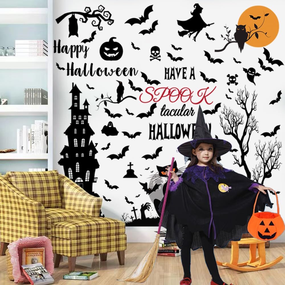Calcomanías de pared de Halloween, decoración de pared de murciélagos, castillo antiguo, decoración de pared de Halloween para ventana, hogar,