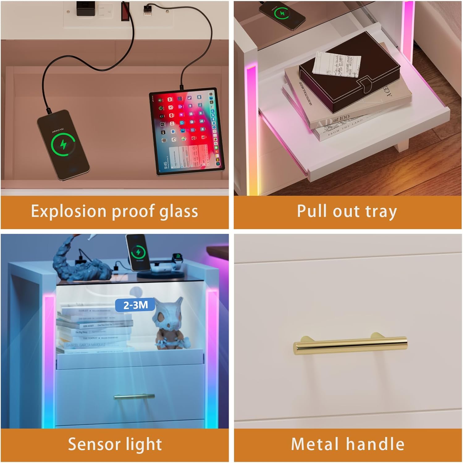 Mesita de noche con estación de carga, luces LED, mesita de noche con estante extraíble y 2 cajones, mesita de noche con mesa de vidrio templado,