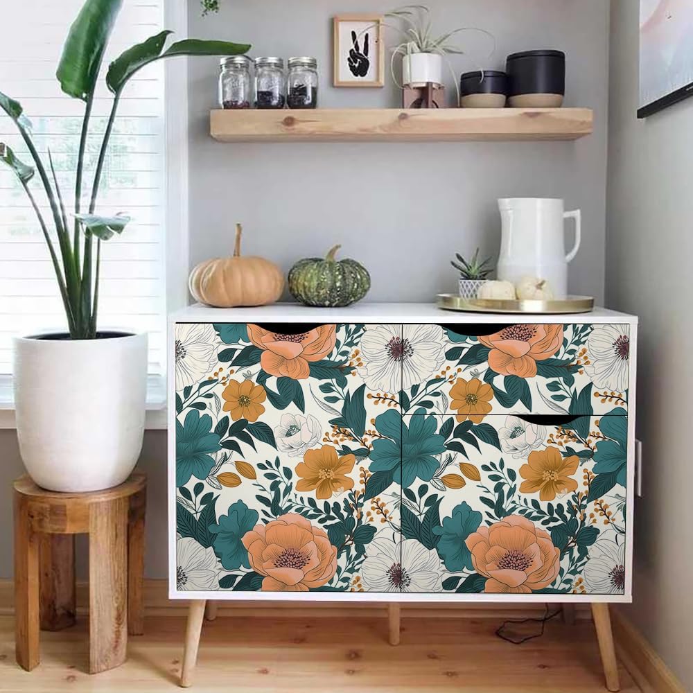 Papel tapiz autoadhesivo de 18 x 236 pulgadas, diseño floral de peonía azulnaranja, papel de contacto extraíble, fácil de despegar para cocina,