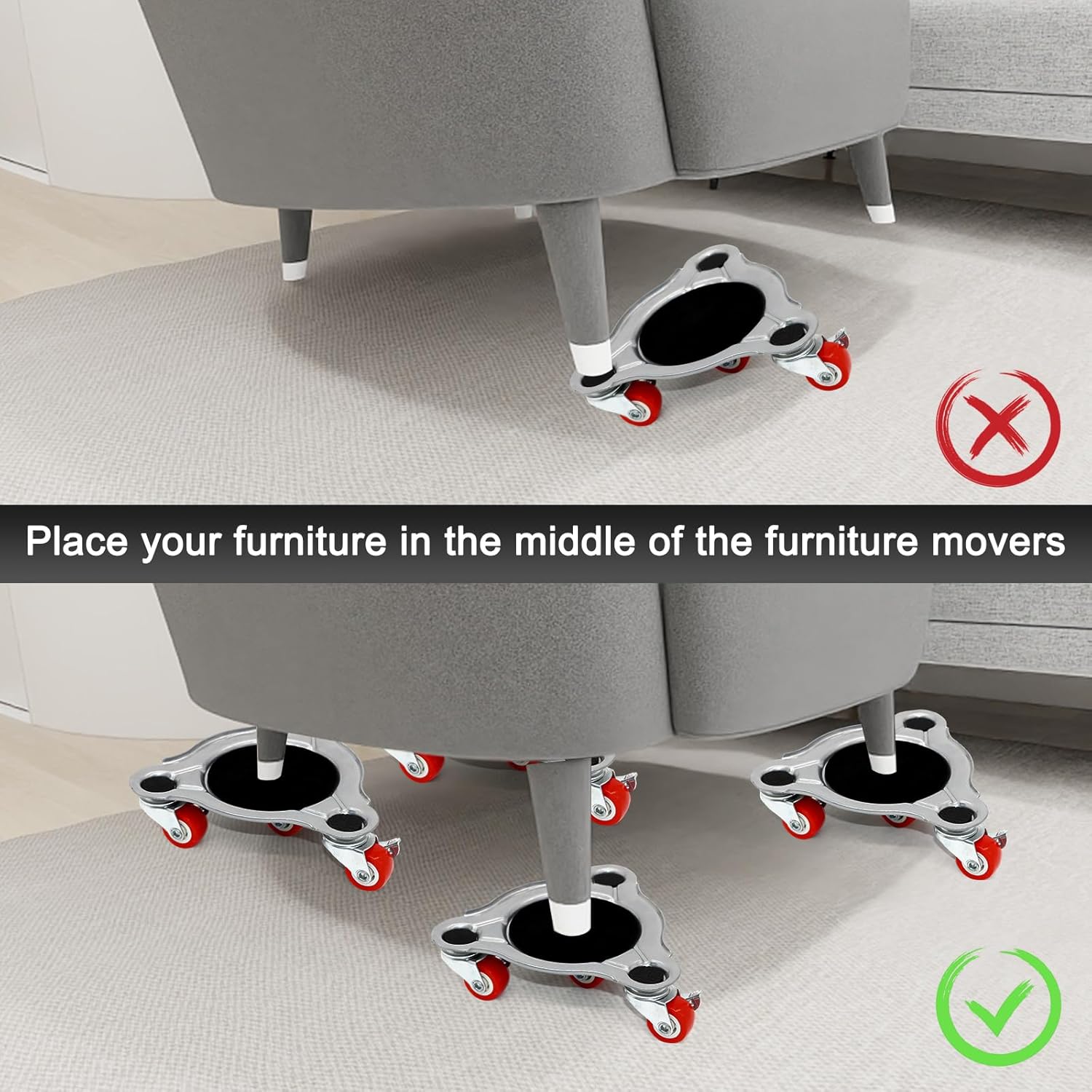 4 unidades de mudanzas de muebles grandes mejoradas, 4 ruedas rojas, panel de acero al carbono de 7 x 7 pulgadas, soporte resistente, rotación de