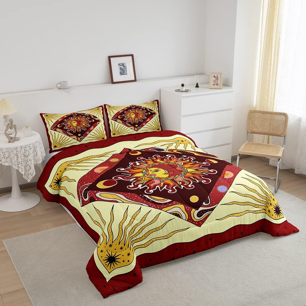 Sun Moon – Juego de edredón para niños, tamaño Queen, juego de ropa de cama psicodélico de cielo estrellado y galaxia, decoración de habitación de