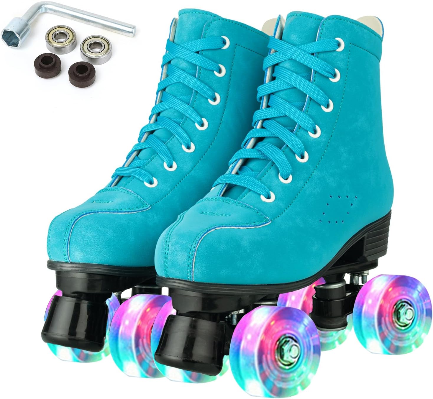 Silvertree Patines de ruedas para mujeres y hombres, de piel sintética, para adultos, patines Derby con ruedas iluminadas, cuatro ruedas brillantes,