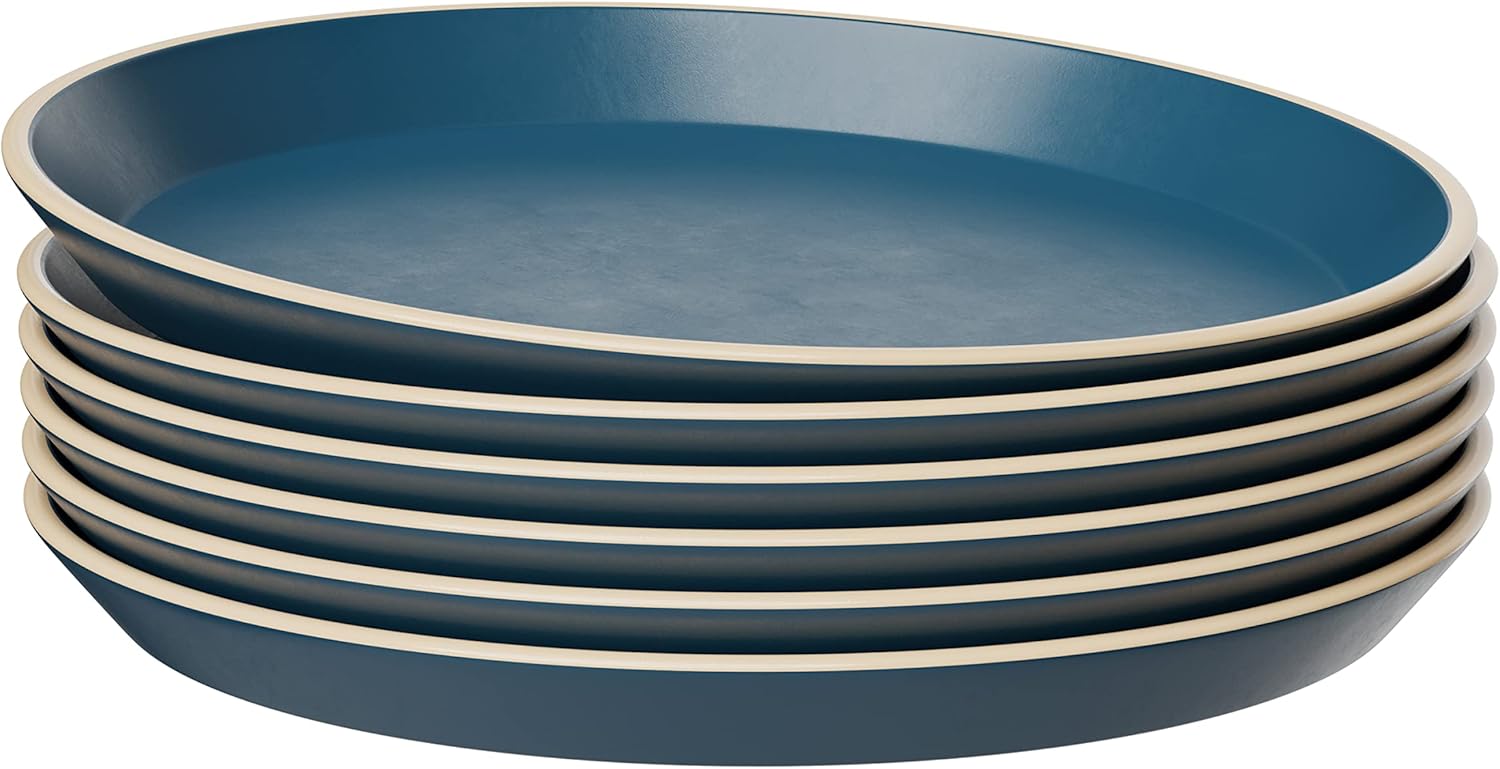 KooK Juego de 6 platos redondos de cerámica, aptos para lavavajillas y microondas, gres, borde alto, 7.5 pulgadas, color azul marino