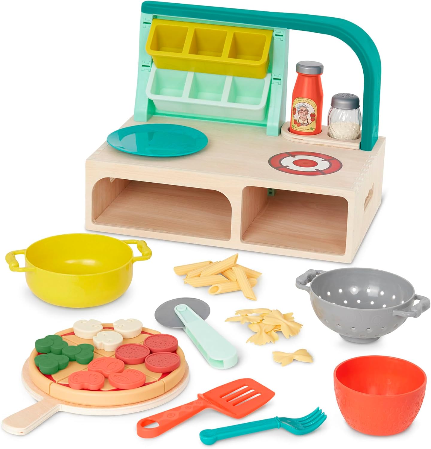 B. toys – Mini Chef – Pizza-n-Pasta Playset – Juego de pizza y pasta de juego de simulación – Comida de juego y accesorios de juego de roles –
