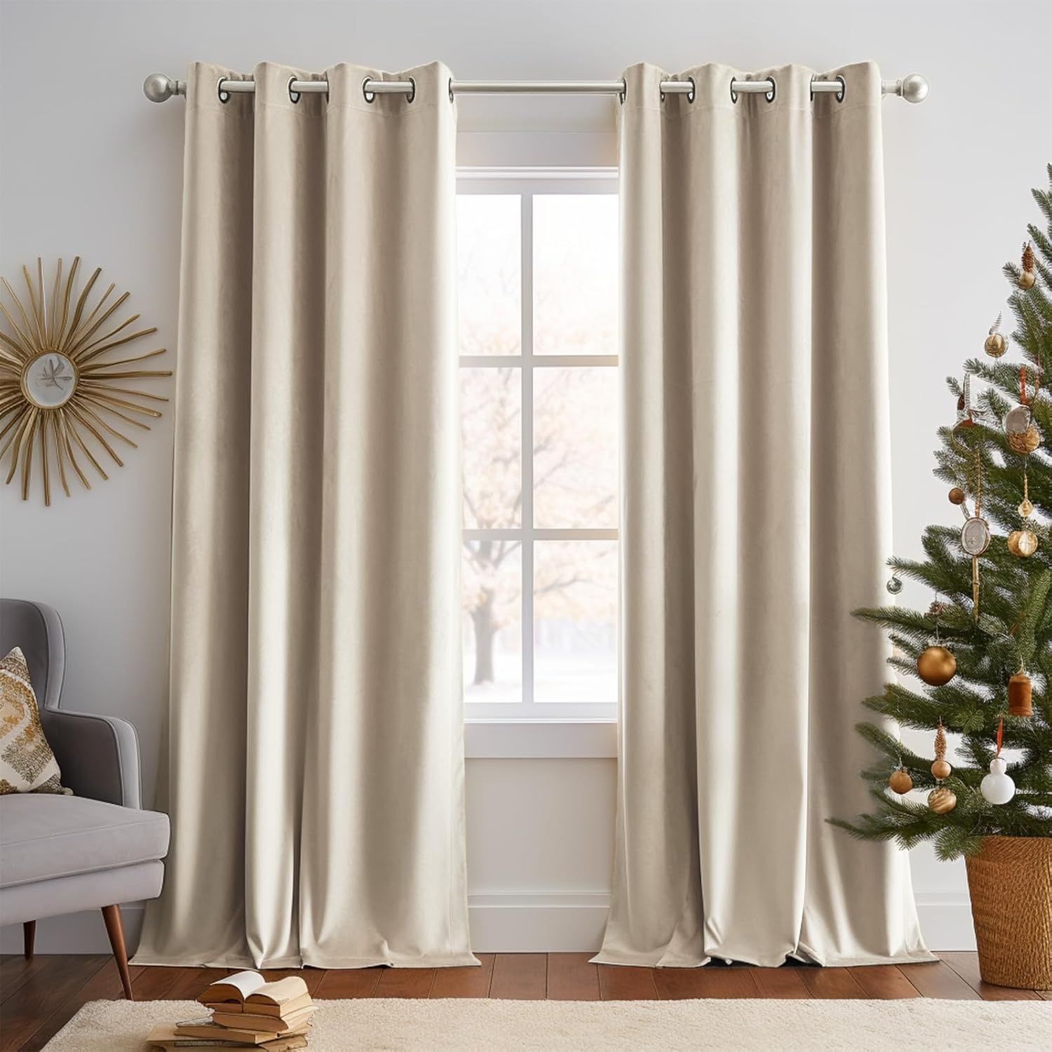 Lazzzy Cortinas de terciopelo beige con aislamiento térmico de 108 pulgadas, cortinas extralargas para dormitorio, sala de estar, oscurecimiento de