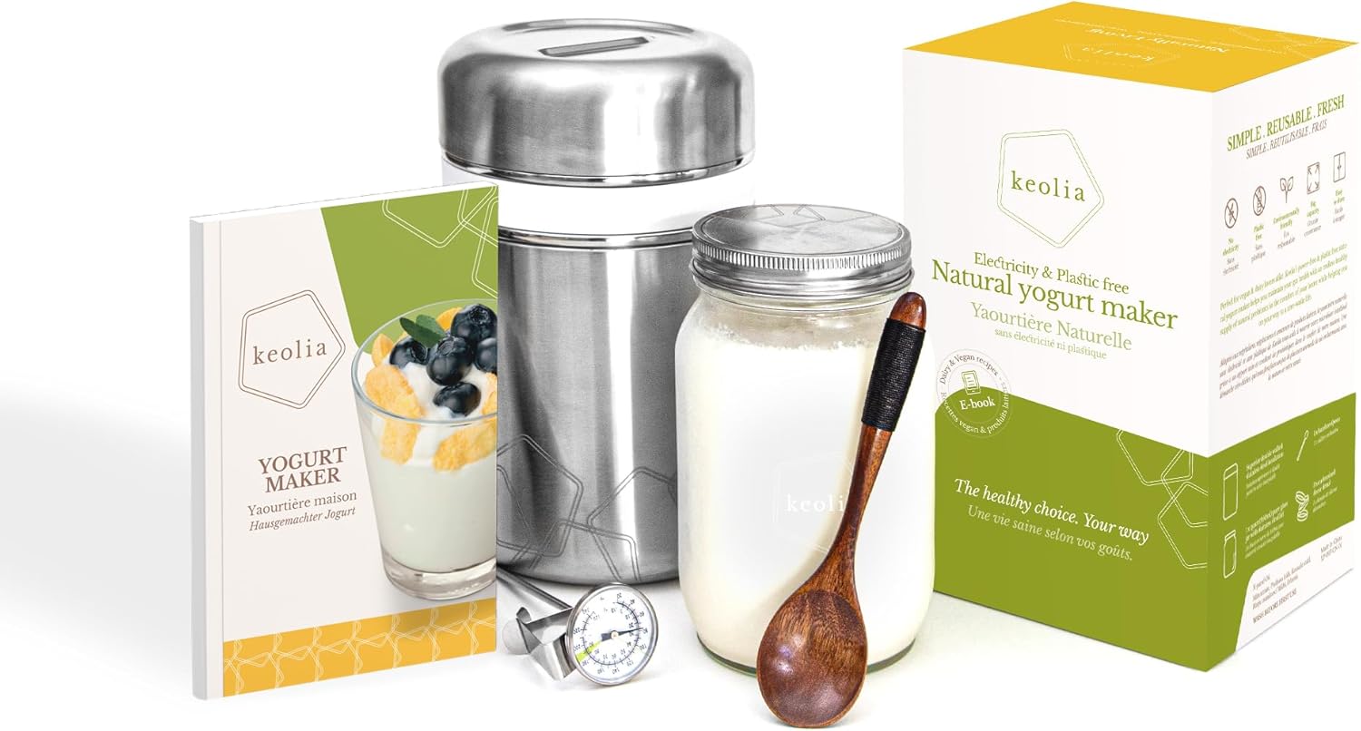 Keolia Máquina para hacer yogur, tarros de vidrio para yogur de 1 cuarto de galón con libro de recetas y accesorios para hacer yogur, cultura de