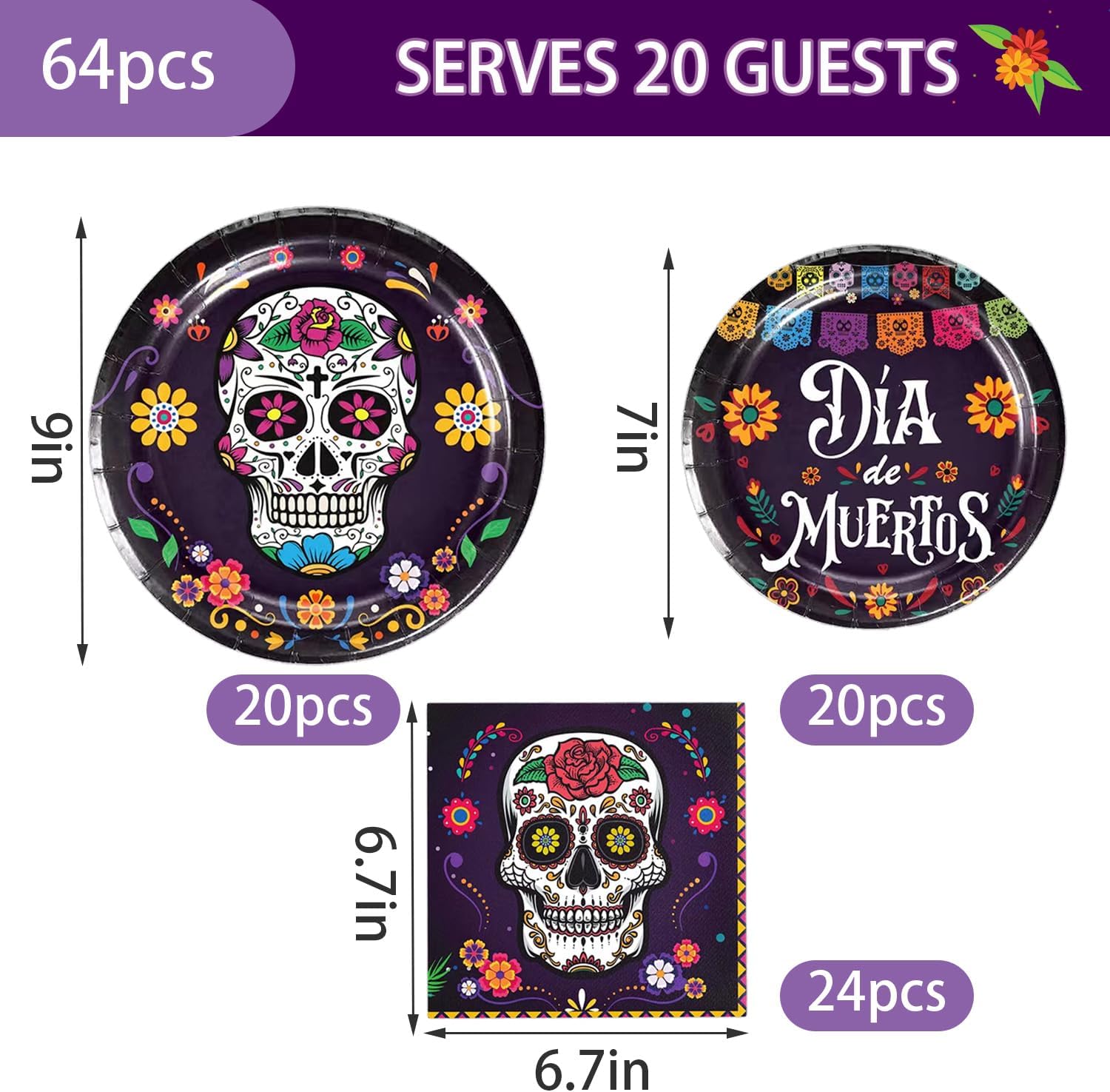 Juego de 64 piezas de vajilla para fiesta del Día de los Muertos Día de los Muertos, suministros de fiesta de calavera de azúcar, platos para fiesta
