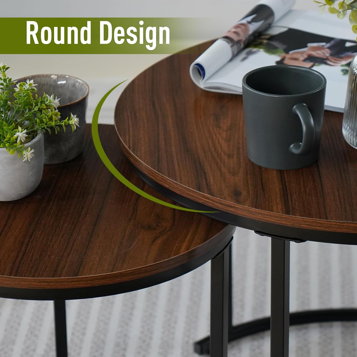 Mesa de centro anidable, mesas redondas anidables de 23.6 pulgadas, juego de 2, mesas decorativas apilables con marco de metal para sala de estar y