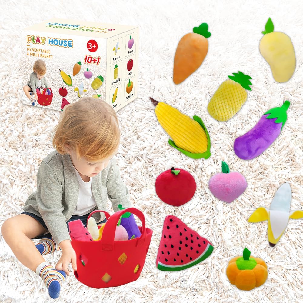 weiff 11 piezas de frutas rellenas de frutas y verduras con canasta, juguetes sensoriales Montessori, juego de comida suave para niños, mascotas,