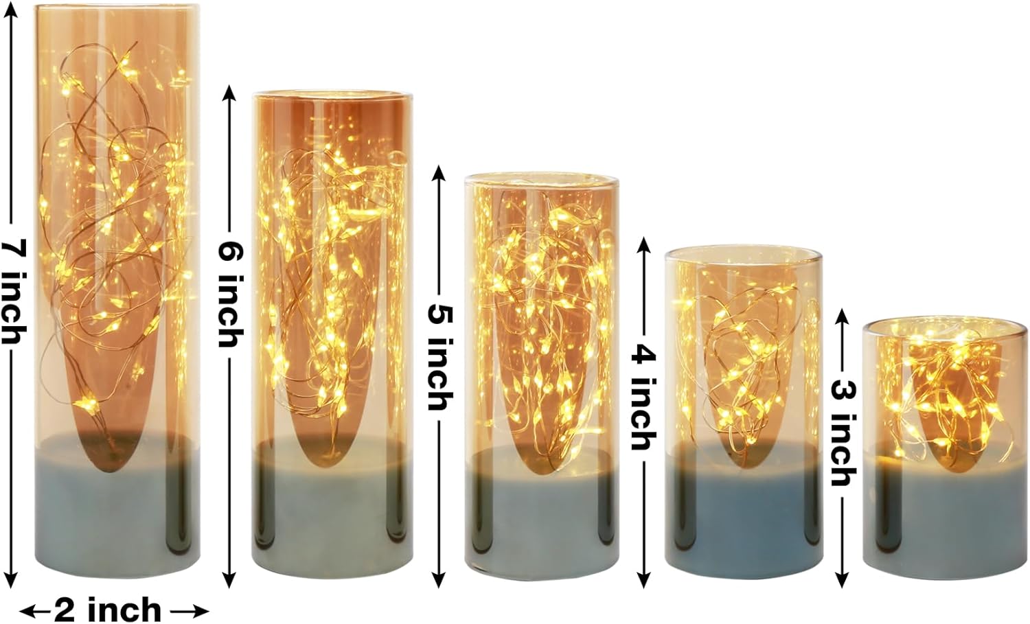 Velas sin llama de cristal dorado con tira de luces remotas, juego de velas LED delgadas parpadeantes con batería de 2 pulgadas de alto, 3 pulgadas,