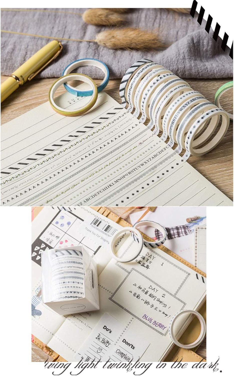ZMLSED Juego de cintas washi delgadas de 0.197 in de ancho, 10 rollos de cintas decorativas minimalistas de estilo blanco y negro japonés para