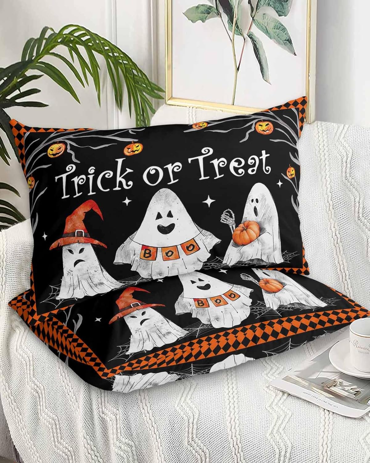Fundas de almohada de Halloween de tamaño estándar, 2 paquetes de fundas de almohada suaves para cama, sofá y sillón, funda de cojín lumbar con