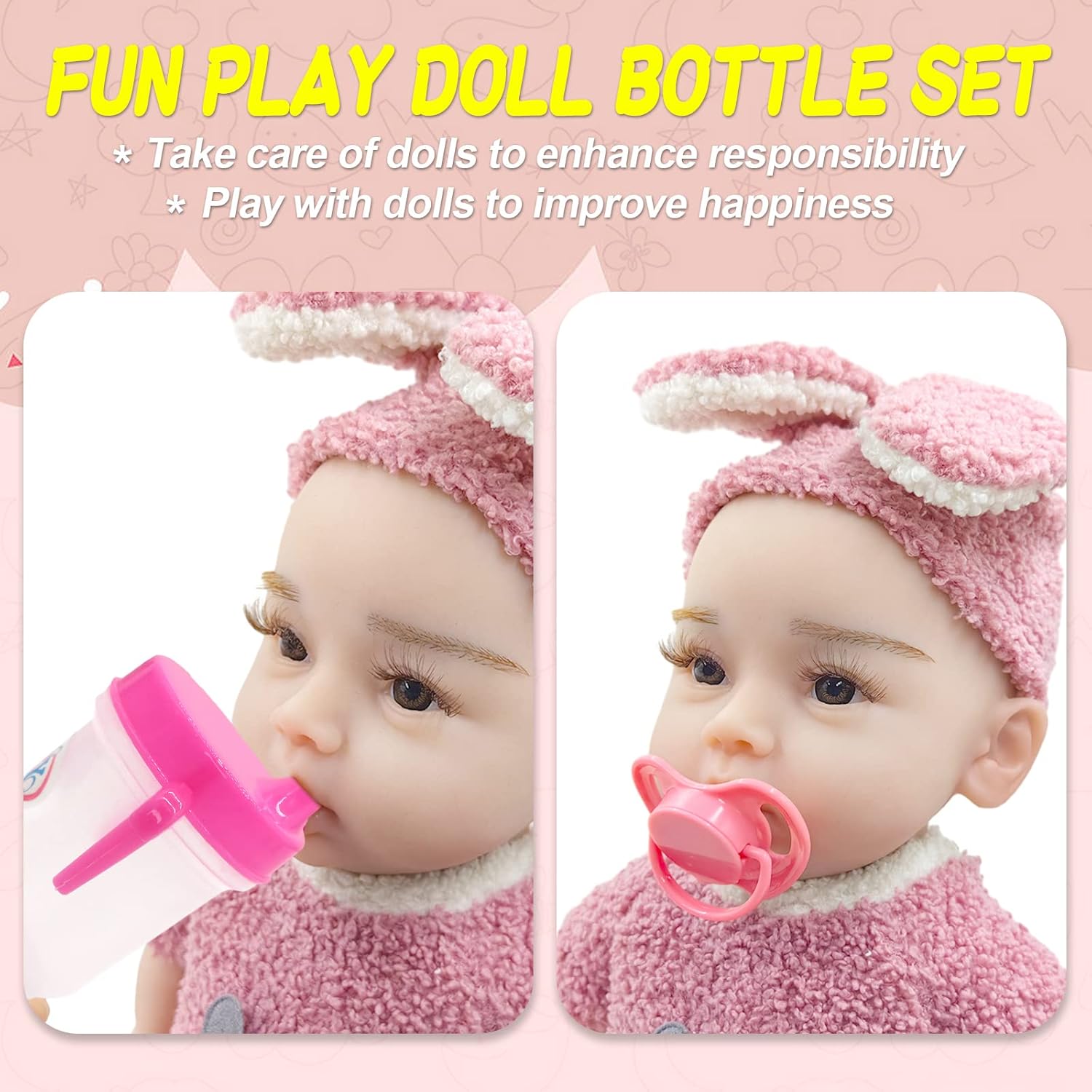 Juego de biberones para muñecas, 2 tazas para beber muñecas con 2 chupetes de juguete, accesorios para muñecas de bebé, juguetes para regalo para