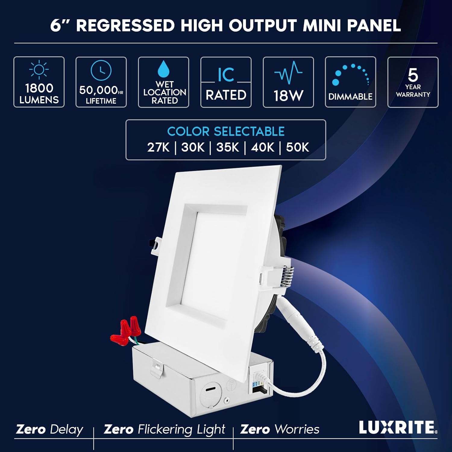 LUXRITE Lámpara de techo empotrable LED cuadrada de 6 pulgadas con caja de conexiones, 18W, 5CCT seleccionable 2700K3000K3500K4000K5000K, 1800LM de