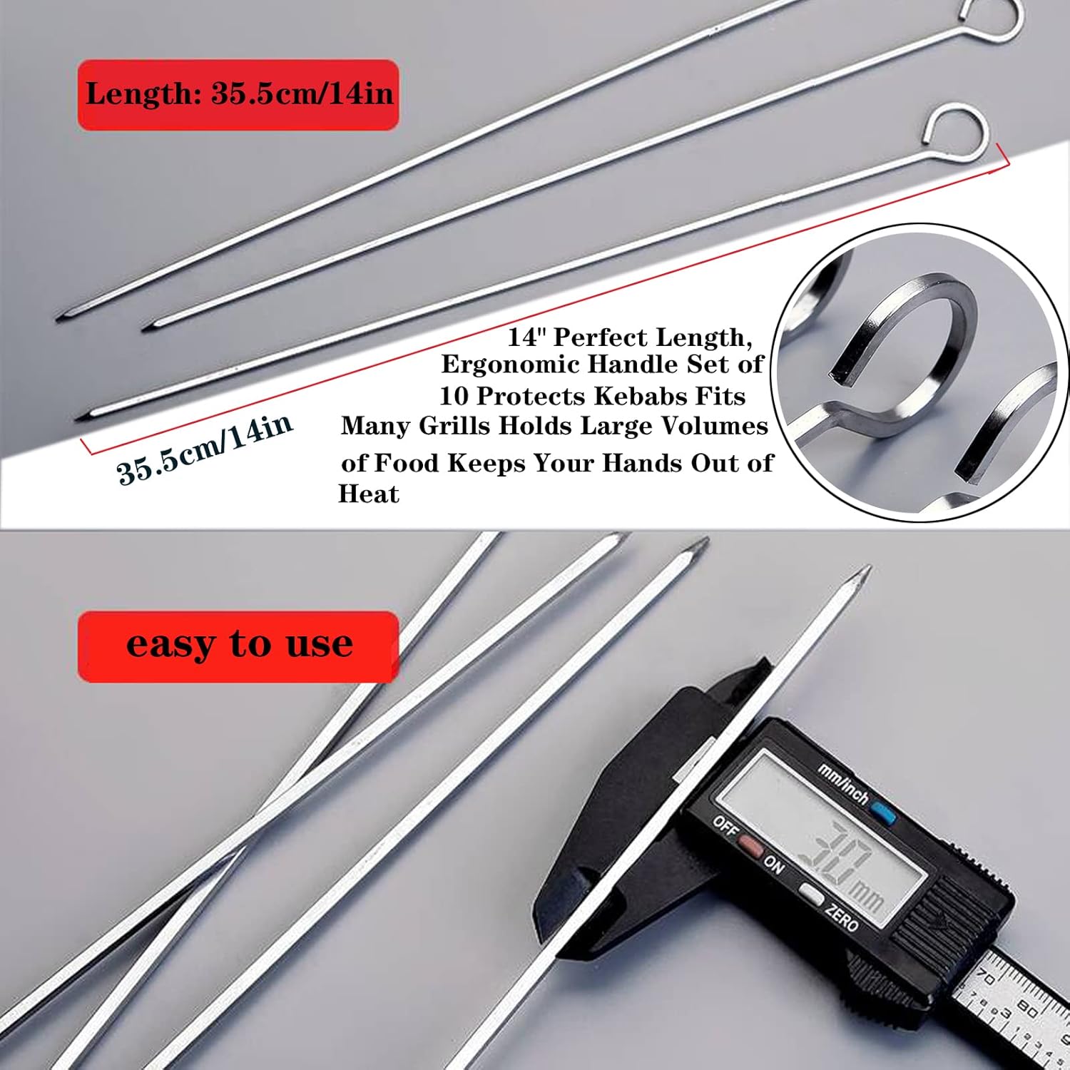 Brochetas de metal para asar a la parrilla, brochetas para brochetas de acero inoxidable de 14 pulgadas con asas de anillo, pinchos de metal,