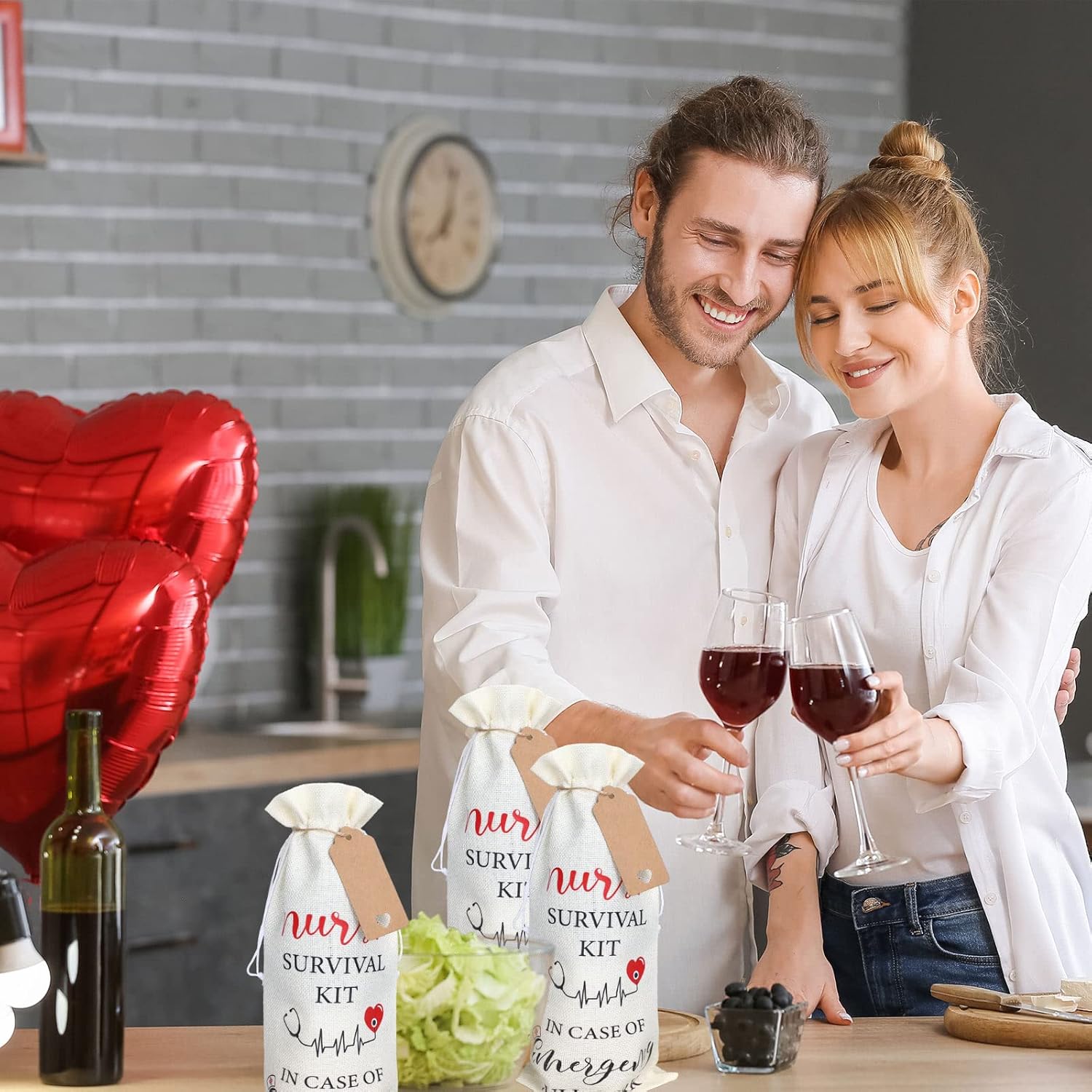 Whaline Bolsas de regalo de vino con cordón de arpillera, bolsas de envoltura de vino, kit de supervivencia para enfermeras, bolsa de vino con