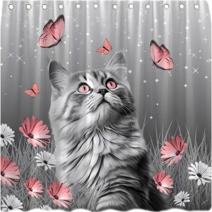 Bonita cortina de ducha con diseño de gato, diseño rústico de margaritas, color gris, rosa, floral, encantador, gatito, elegante, granja, flores, Bonita cortina de ducha con diseño de gato, diseño rústico de margaritas, color gris, rosa, floral, encantador, gatito, elegante, granja, flores,