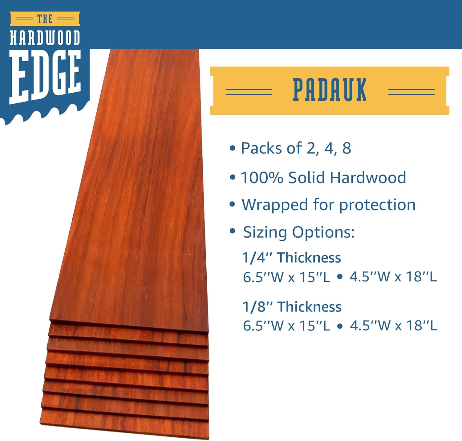 Padauk – Tablones de madera dura  Paquete de 4 piezas Padauk de madera sin terminar  14 de pulgada (0.236 in) 100% madera dura pura  Grabado láser
