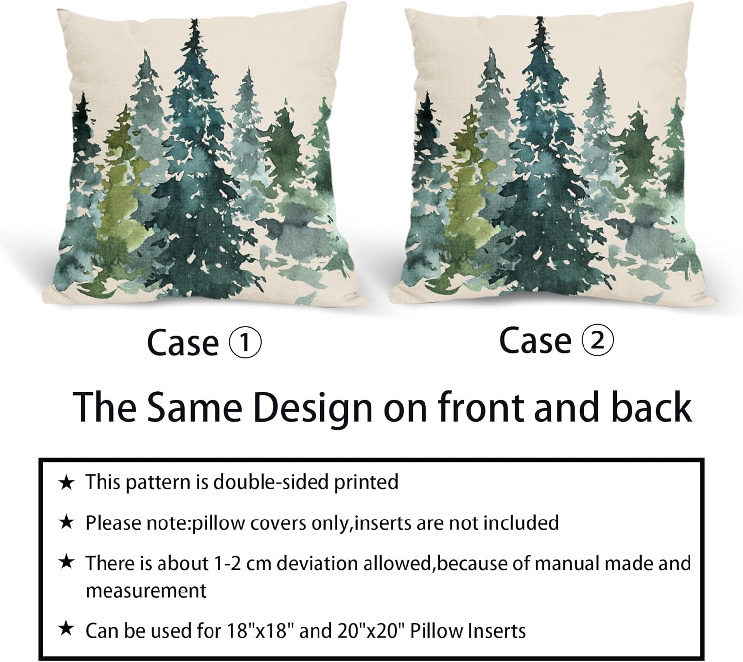 Juego de 2 fundas de almohada decorativas con diseño de árbol azul y verde en acuarela de 18 x 18 pulgadas, con temática de naturaleza, decoración