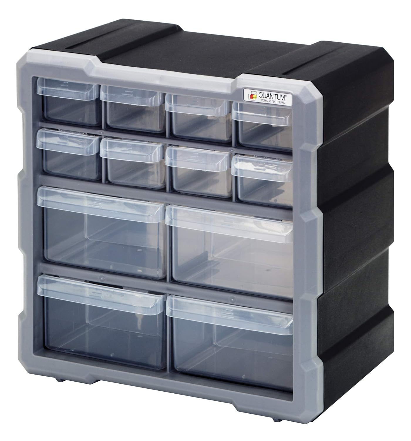QUANTUM STORAGE SYSTEMS PDC-12BK – Gabinete de cajón de almacenamiento de piezas de plástico transparente y manualidades, 12 cajones