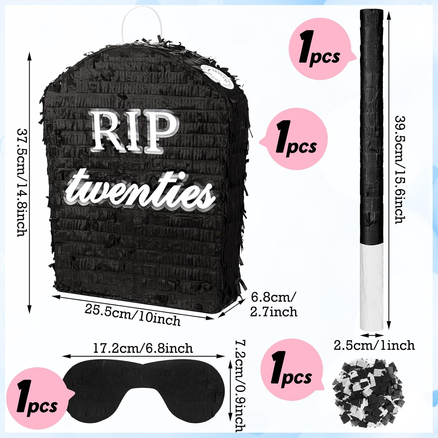 Sratte Rip Twenties Piñata divertida de 10 x 14.8 x 2.7 pulgadas, piñata funeraria con palo para los ojos vendados y papel de confeti, se adapta a