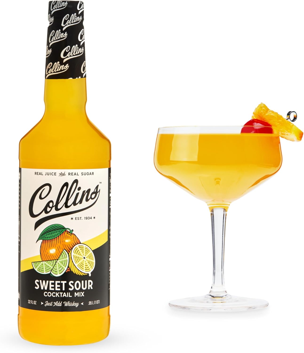 Collins Mezcla agridulce, hecha con jugo de naranja real y limón, ingrediente clásico de la receta de cóctel, 32 onzas líquidas