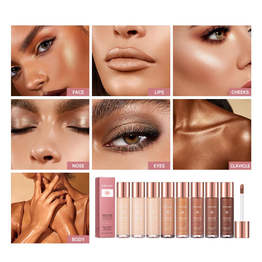 Filtro líquido Halo Glow  Maquillaje resaltador líquido Body Glow Shimmer para la cara  Acabado brillante natural, iluminador facial ligero