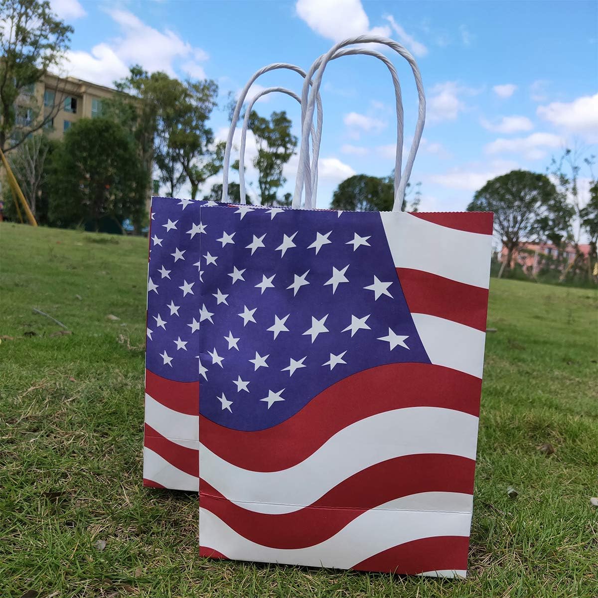 Joffreg Bolsa de regalo patriótica con asas, bolsas de recuerdo de fiesta de bandera estadounidense, decoración para el día de los veteranos, día de
