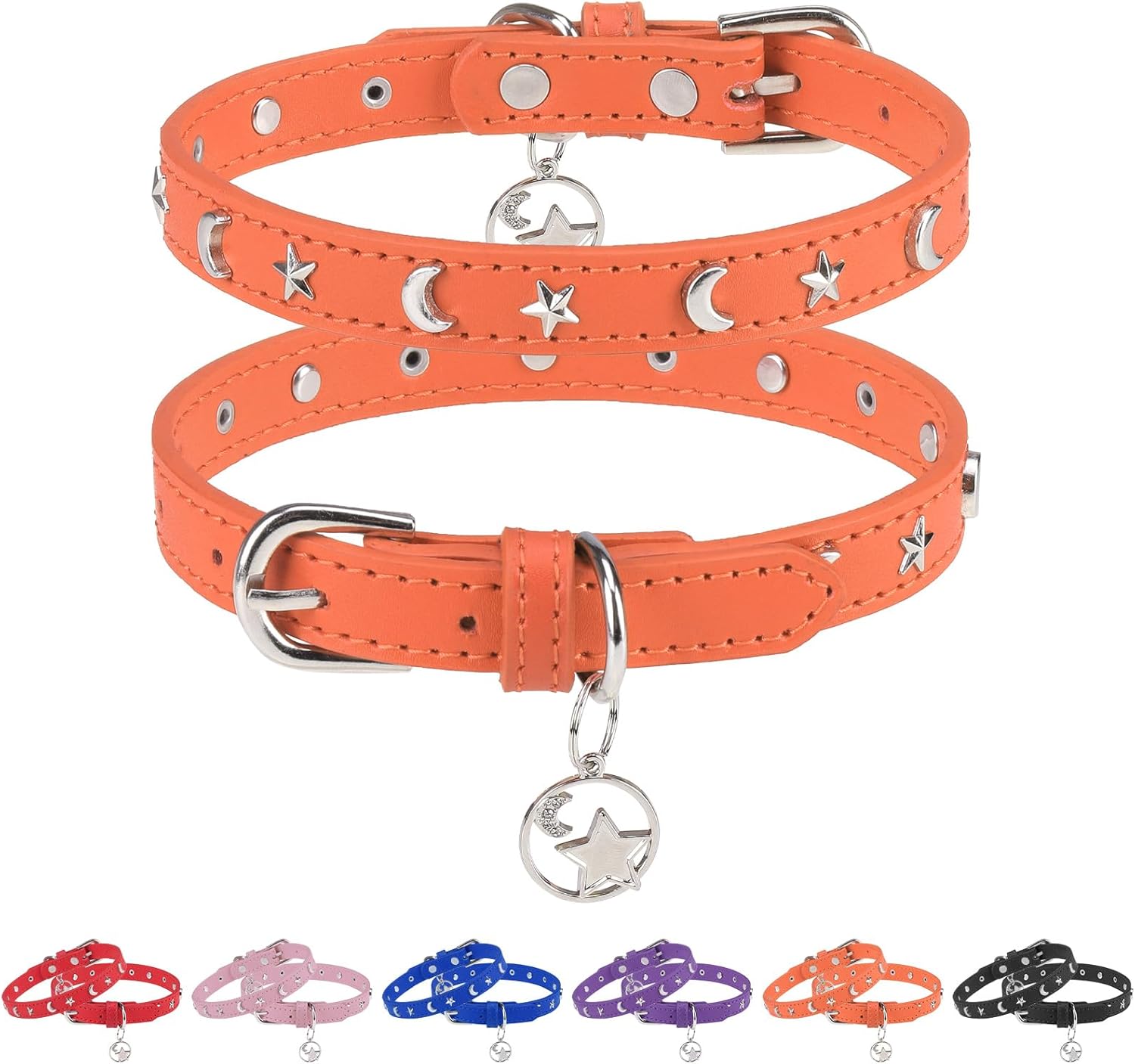 Collar de cuero para perros pequeños y medianos, collar ajustable con remache de estrella y luna con hebilla de metal resistente al óxido, collares