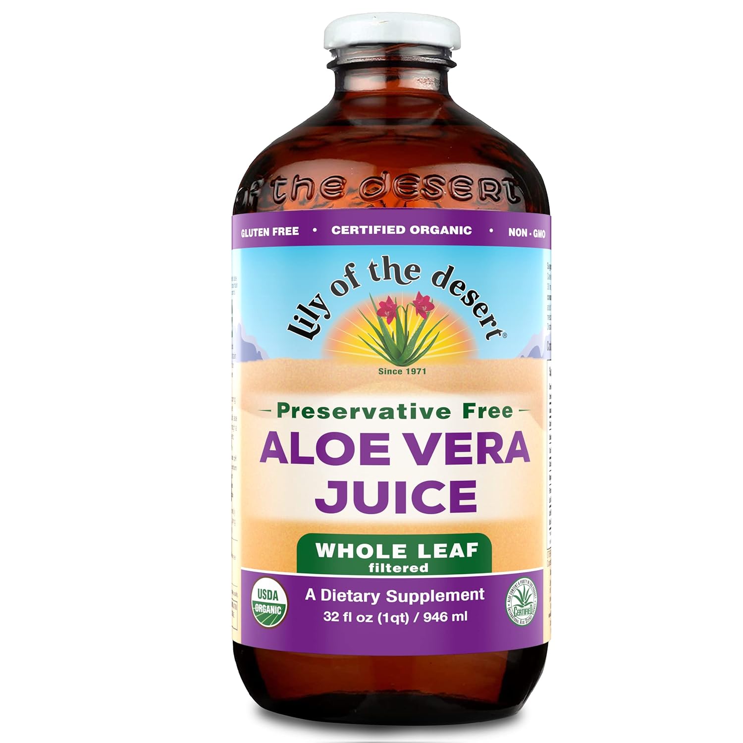 Lily of the Desert Jugo de aloe vera, sin conservantes, bebida de aloe vera filtrada de hoja entera, jugo de aloe orgánico certificado por USDA para