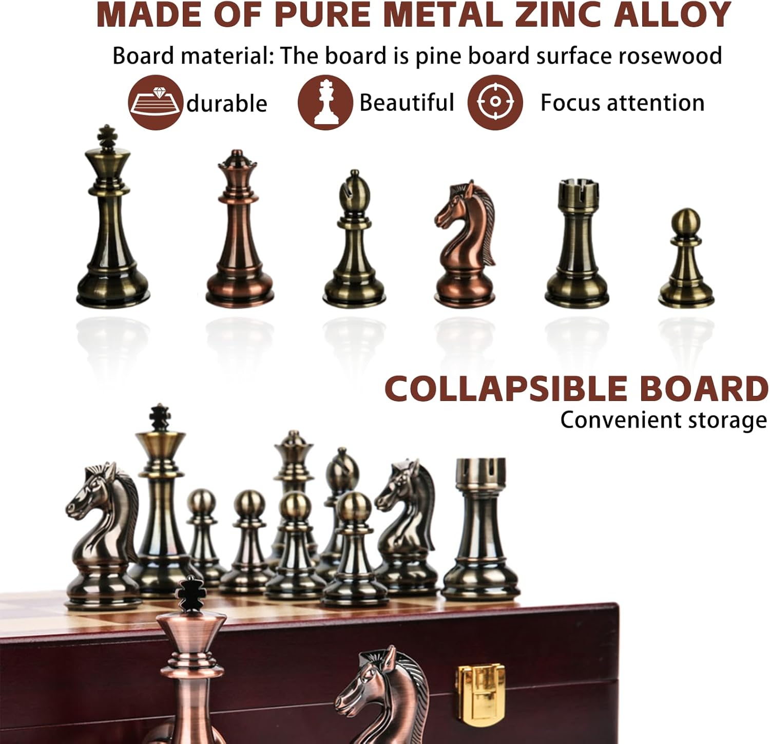 Juego de ajedrez de metal retro de 12 pulgadas para adultos y niños, tablero de ajedrez de madera con piezas de ajedrez de metal, juego de ajedrez