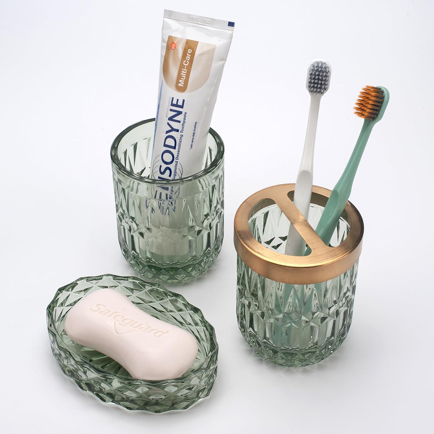 Juego de 5 accesorios de baño de vidrio verde para baño, dispensador de loción, jabonera, soporte para cepillos de dientes, vaso, frascos de hisopos